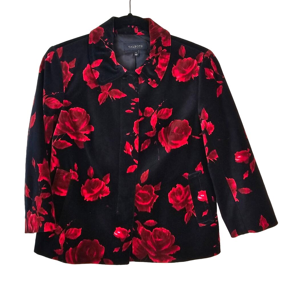 Talbots Blazer Women's 2 Black Red Rose Velvet Dark Romantic Career Feminine